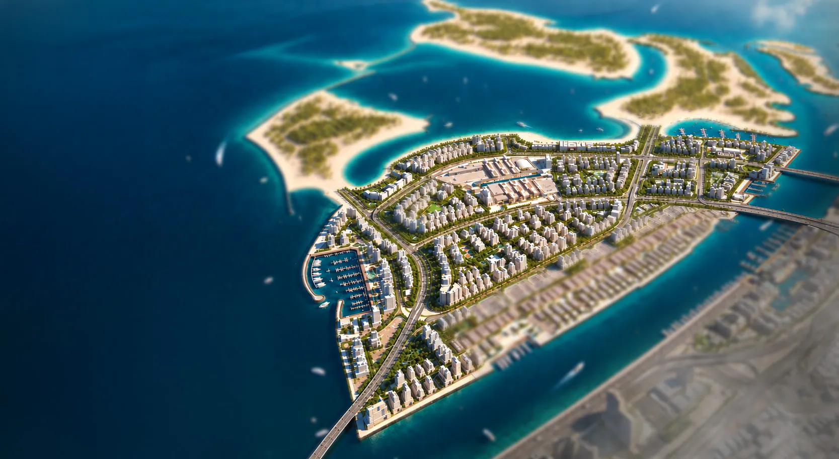 Aerial view of the Dubai Islands masterplan with Island A, its marinas and beaches off Dubai’s northern coast