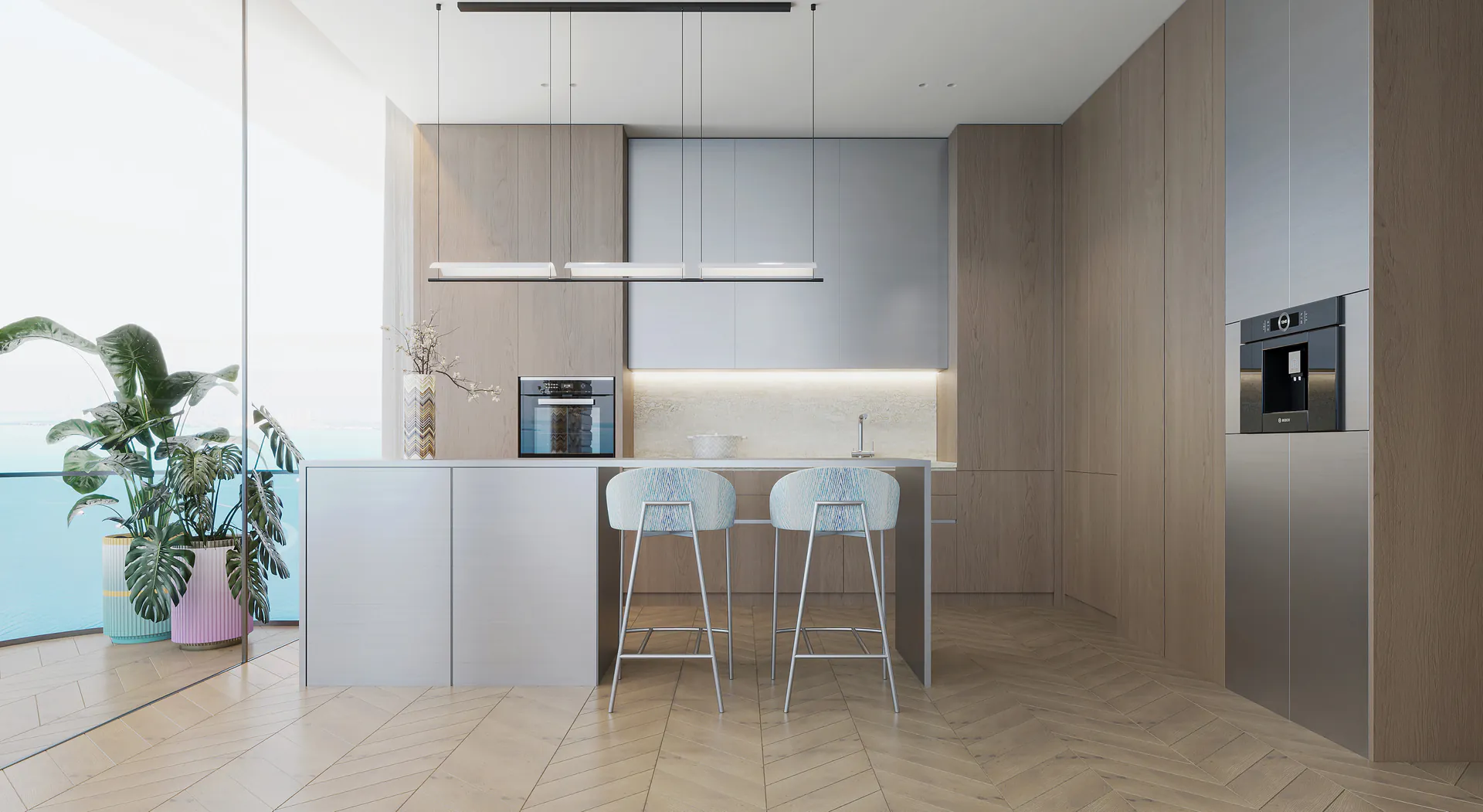 Open kitchen in a The Bay Interiors by Missoni residence with Bosch built-in appliances and breakfast bar