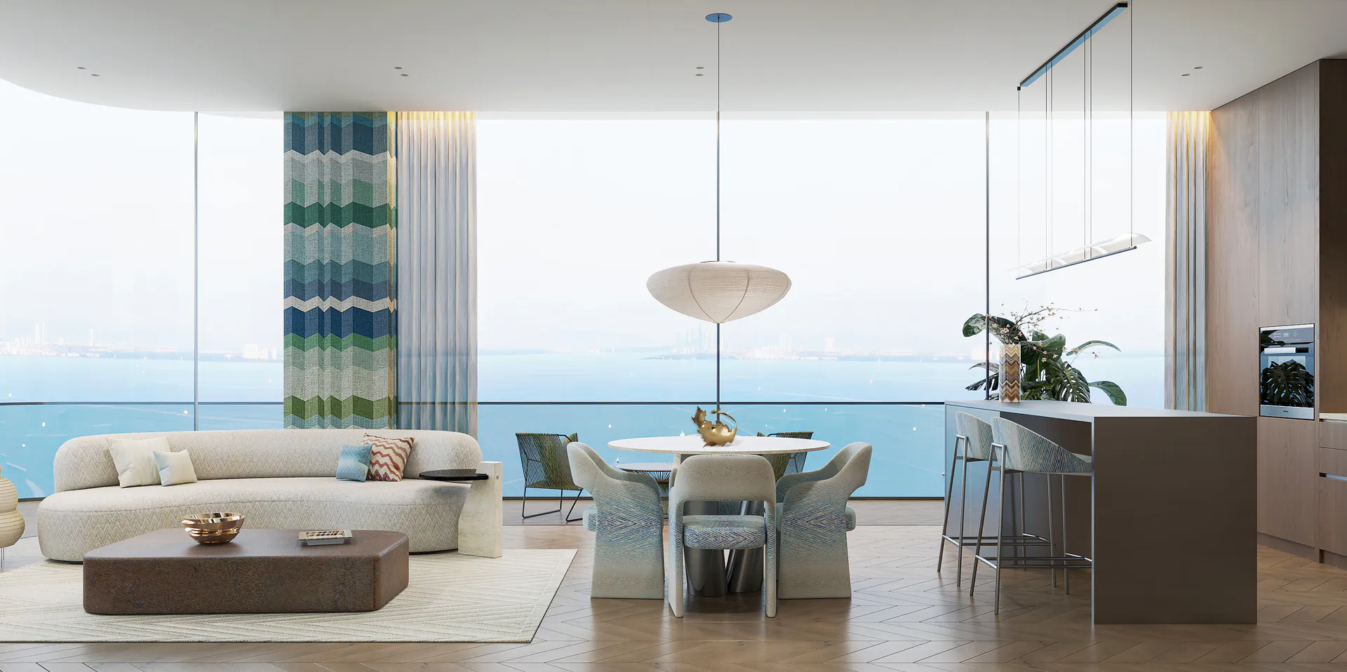 Missoni-designed living and dining room at The Bay Dubai Islands with panoramic sea and marina views