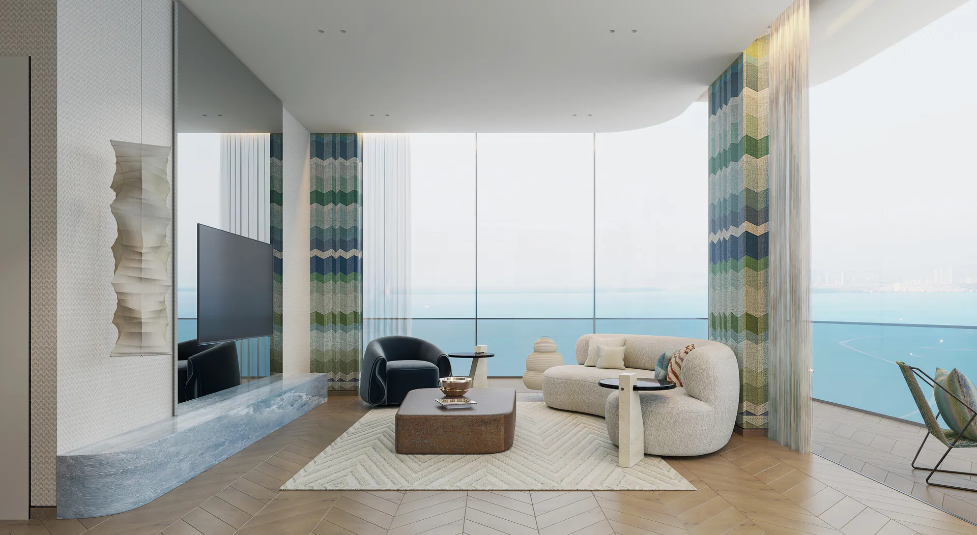 Missoni interiors living room at The Bay Dubai Islands with floor-to-ceiling sea views and Missoni-pattern curtains