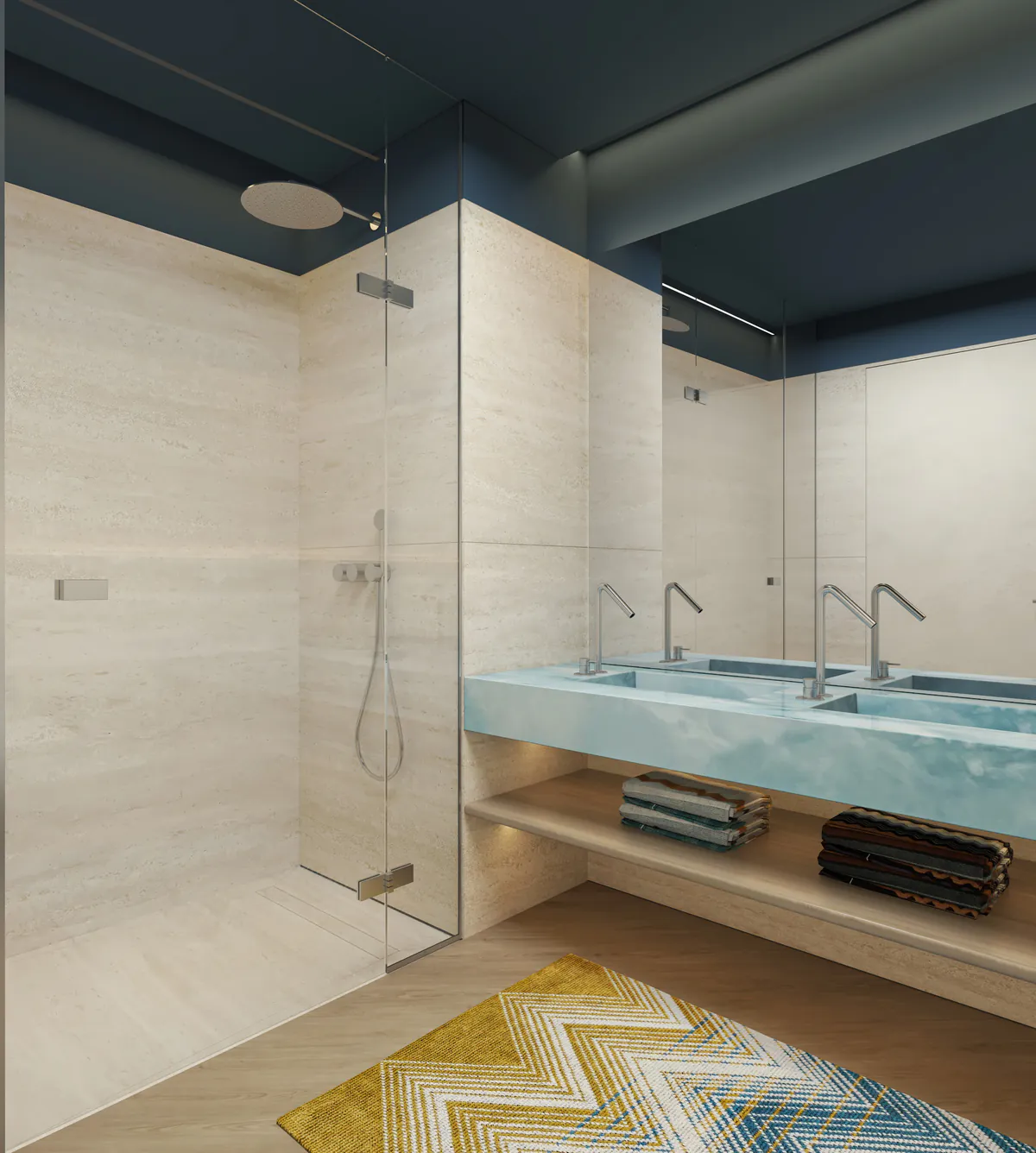 Master bathroom at The Bay Interiors by Missoni with walk-in shower, blue stone vanity and Missoni zigzag rug