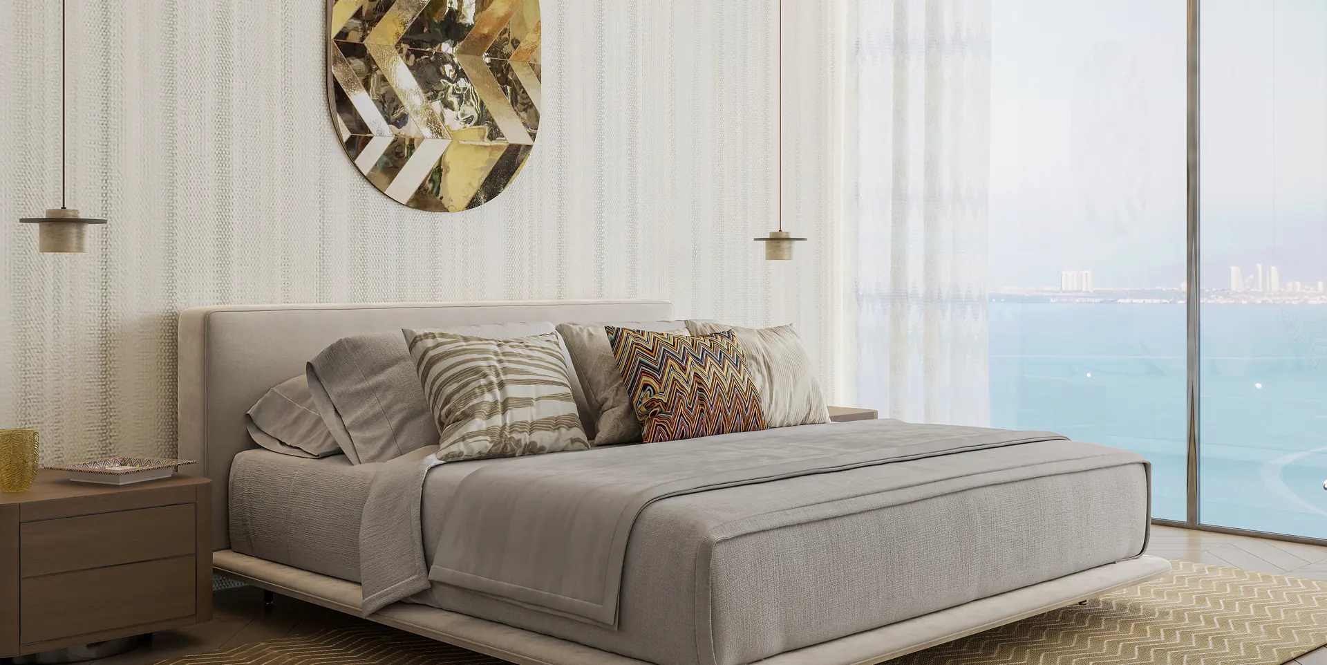 Master bedroom by Missoni at The Bay Dubai Islands with chevron wall covering and full-height sea-view glazing