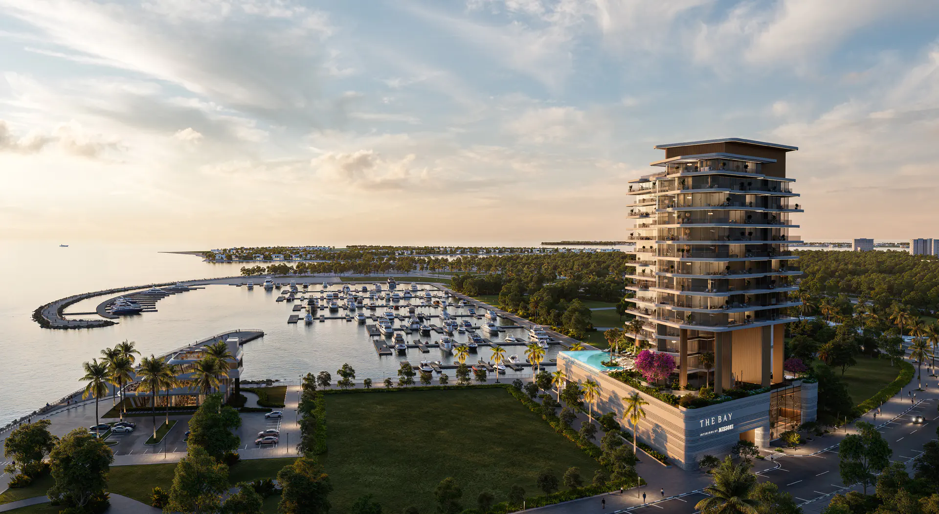 The Bay Interiors by Missoni branded residence at sunset beside the Island A yacht marina and park, Dubai Islands