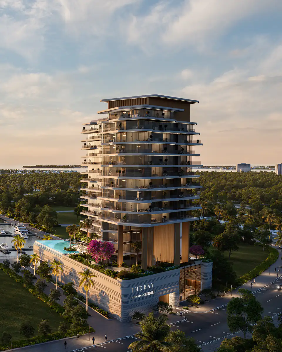 The Bay Interiors by Missoni tower at sunset on the Island A yacht marina, Dubai Islands