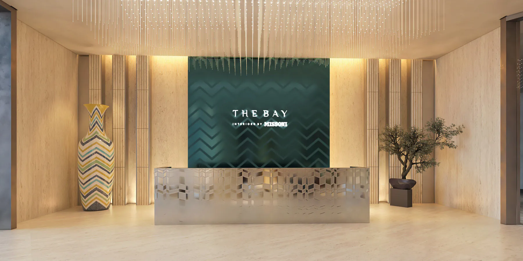 Missoni-designed lobby reception at The Bay Dubai Islands with zigzag-pattern vases and stone finishes