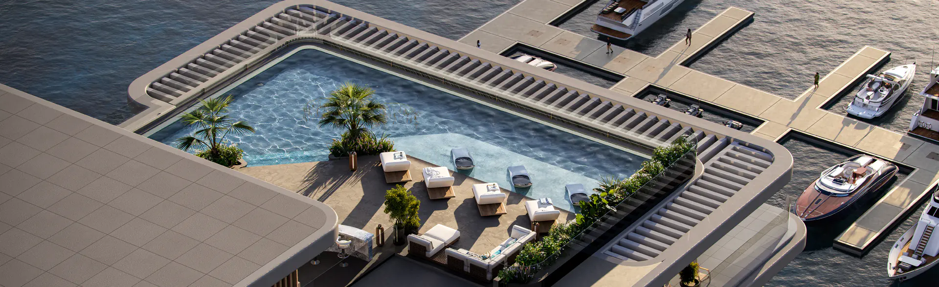 Rooftop sky deck at The Bay Dubai Islands with sky pool, sunken seating and sun loungers above the marina