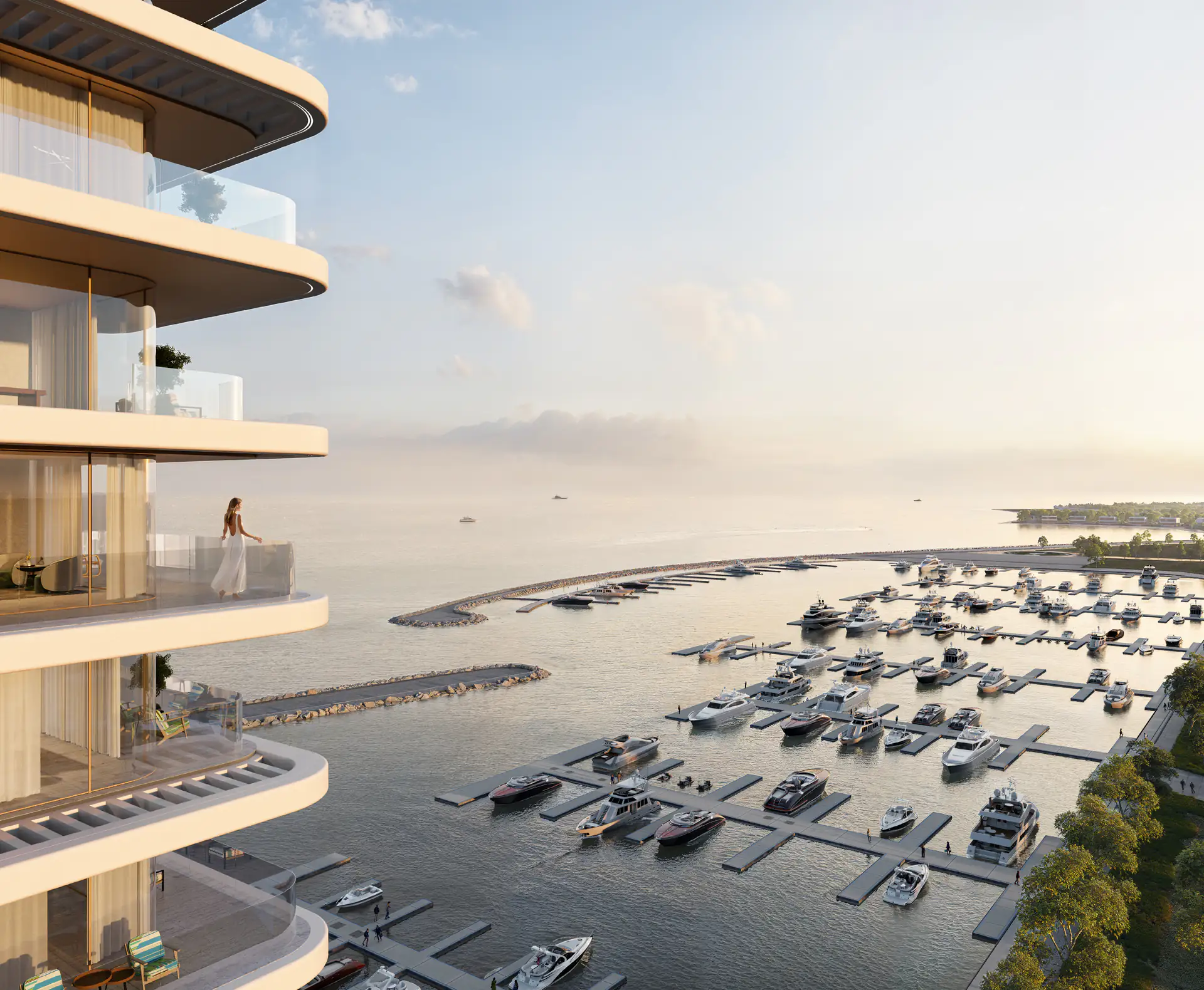 Sea-view balconies at The Bay Dubai Islands overlooking the Island A yacht marina at sunrise